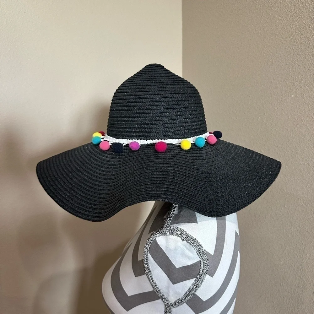 Women’s black Sun Hat with Multi-colored Pom poms, NWOT!